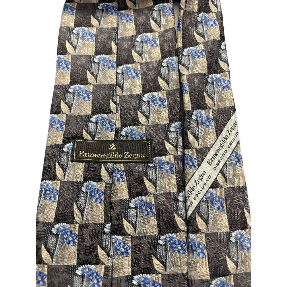 Ermenegildo‎ Zegna Silk Tie Floral Checkered Pattern Blue Gray Luxury  Z-102